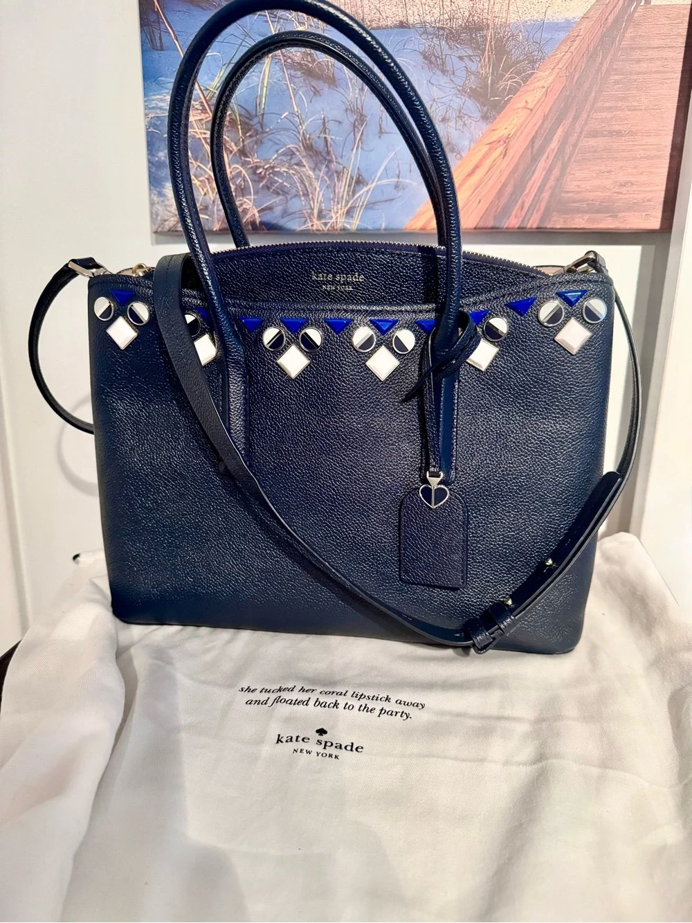 NWOT Kate Spade Margaux Jeweled Large Satchel Blazer Blue W/ Dust Bag